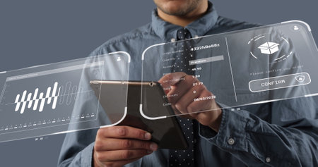 Image of data over caucasian businessman with tablet. Global networks, business, finances, computing...