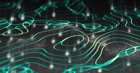 Image of network of connections with binary coding. Global networks, business, finances, computing...