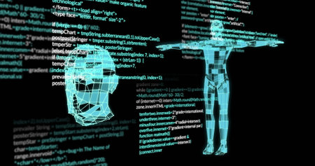 Image of data processing over human body. Global networks, business, finances, computing and data...