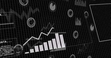 Image of financial data processing over grid background. Global business, finances, computing and data processing concept digitally generated image.の写真素材