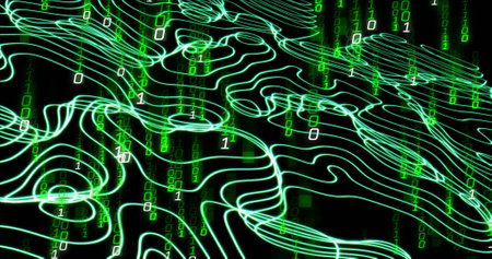 Image of binary coding data processing over network of connections. Global networks, business, finances, computing and data processing concept digitally generated image.の写真素材