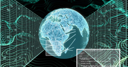 Image of data processing over globe and connections. Global networks, digital interface, computing...