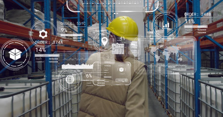 Image of data processing on screens over caucasian woman working in warehouse. Global shipping,...