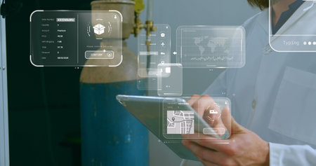 Image of data processing on screen over caucasian male scientist with tablet. Global science,...