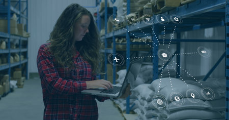Image of data processing with icons over caucasian woman working in warehouse. Global shipping,...