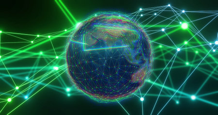 Image of globe with network of connections. Global networks, digital interface, computing and data...