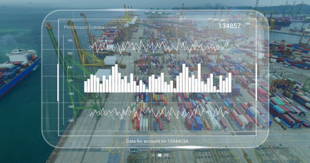 Image of data processing on screen over shipyard. Global shipping, networks, computing and data...