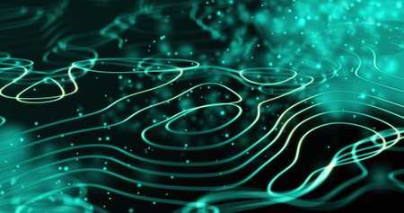 Image of network of connections with green mesh of data transfer. Global networks, business,...