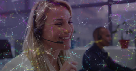 Image of financial data processing over diverse business people working in office. Global business,...