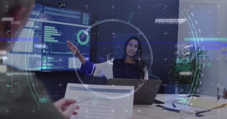Image of financial data processing over diverse business people in office. Global business,...