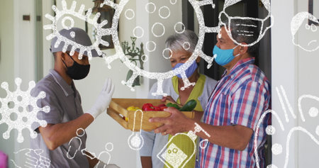 Image of covid 19 icons over man delivering food to senior couple wearing face masks. global covid...