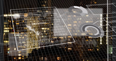 Image of financial data processing over city. Global business, finances, computing and data processing concept digitally generated image.の写真素材