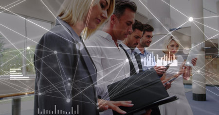 Image of data and network of connections over diverse businesspeople using tablets. Global business,...