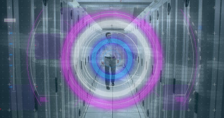 Young Caucasian man stands in a futuristic tunnel, with copy space. Vivid colors and digital...