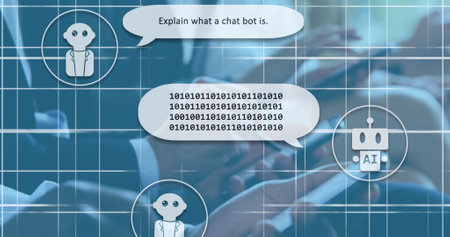 Image of ai data processing over diverse people using tablets. Global artificial intelligence,...