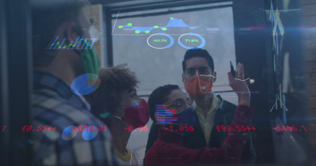 Image of statistics recording over people in office wearing face masks. global covid 19 pandemic,...