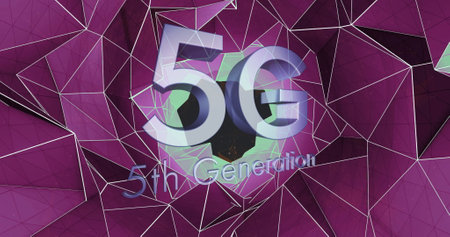 Image of 5g 5th generation text over network of purple connections in background. Digital interface...