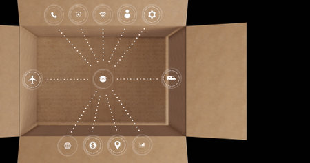 Image of data processing with icons over cardboard box. Global shipping, networks, digital...