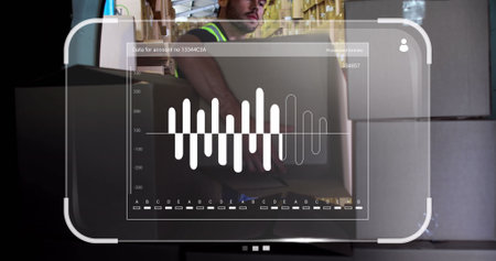 Image of data processing on screens over caucasian delivery man in warehouse. Global shipping,...