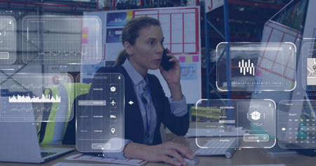 Image of data processing on screens over caucasian woman working in warehouse. Global shipping,...