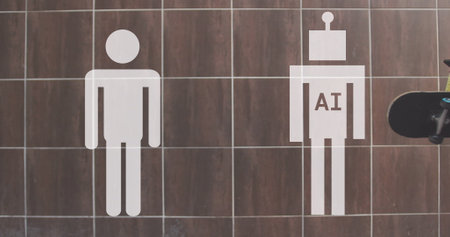 Restroom signs depict a human and an AI figure on a tiled wall. Symbols represent the integration of technology in everyday spaces.の写真素材