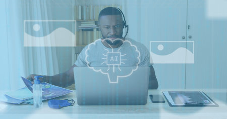 Image of ai data processing over african american businessman using laptop. Global artificial...