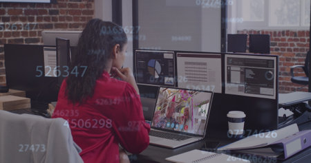 Image of numbers changing over woman using laptop on image call. Digital interface global connection...
