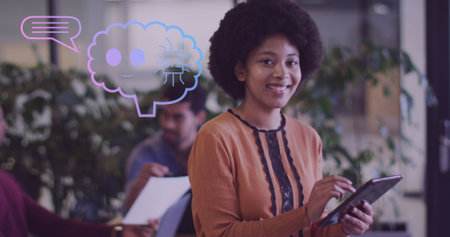 Image of ai data processing over african american woman using tablet. Global artificial...