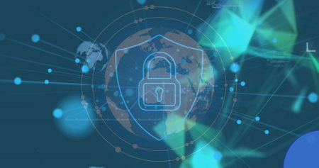 Image of padlock icon, globe and data processing. Global cloud computing, digital interface and data...