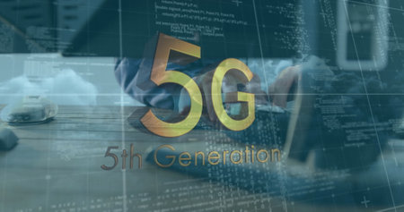 Image of 5g 5th generation text over data processing and person using computer in background....
