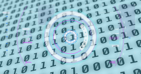 Image of scope scanning and binary coding changing on white background. Digital interface global...