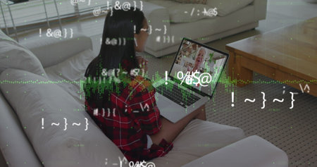 Image of numbers changing and graphic equalizer changing over woman using laptop on image call....