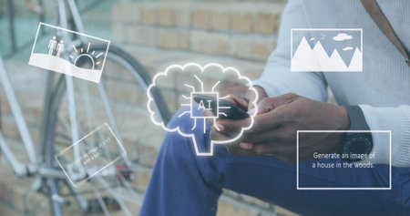 Image of ai data processing over african american man using smartphone. Global artificial...