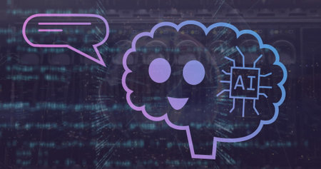 Image of ai text and icon over data processing. Global artificial intelligence, digital interface, computing and data processing concept digitally generated image.の写真素材