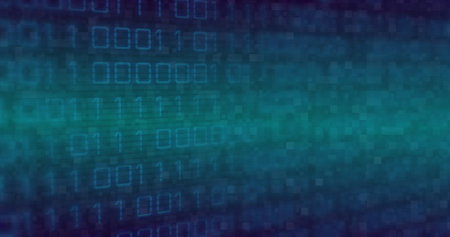 Digital binary code overlays a blue abstract background. It symbolizes data encryption,...