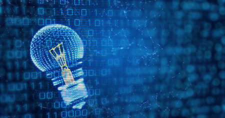 Image of light bulb, binary coding and data processing. Global electricity, cloud computing, digital...