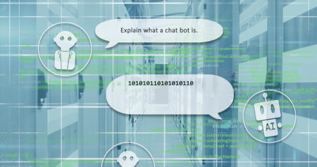 Image of ai text and icon, data processing over computer server. Global artificial intelligence,...