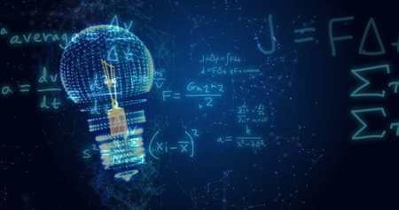 Image of light bulb and mathematical data processing. Global electricity, cloud computing, digital...