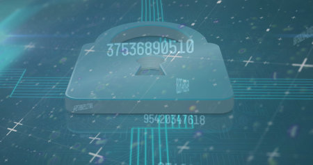 Image of numbers changing over online security padlock in background. Digital interface global connection and communication concept digitally generated image.の写真素材