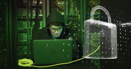 Image of digital padlock over asian man working in server room. network, programming, computers and...