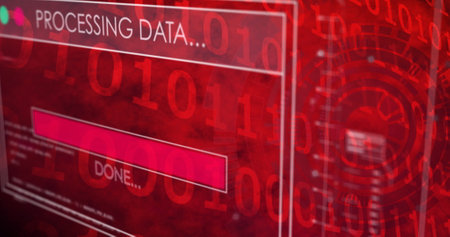 Image of data processing over red background. Global connections, data processing and digital interface concept digitally generated image.の写真素材