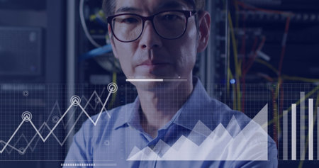 Image of graphs over asian man working in server room. network, programming, computers and technology concept digitally generated image.の写真素材