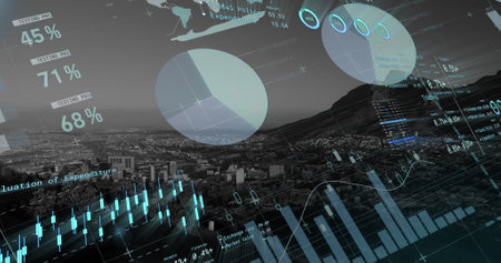 Image of financial data processing over cityscape. Global business, finances, computing and data processing concept digitally generated image.の写真素材
