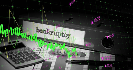 Image of financial data processing over calculator, bankruptcy file and coins. Global business, finances, computing and data processing concept digitally generated image.の写真素材