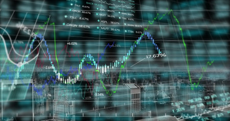 Image of financial data processing over black background. Global business, finances, computing and...