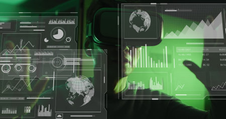 Image of data processing on screens over asian man in vr headset. data processing, global network...