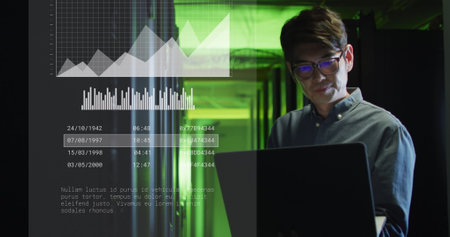 Image of graphs over asian man working in server room. network, programming, computers and...