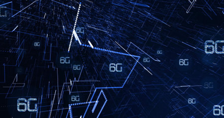 Image of 6g text and network of connections on dark background. Global artificial intelligence,...