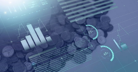 Image of financial data processing over coins. Global business, finances, computing and data processing concept digitally generated image.の写真素材