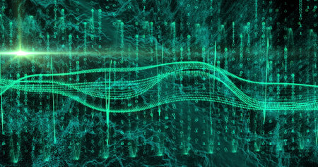 Image of data processing over dark background. Global connections, data processing and digital...